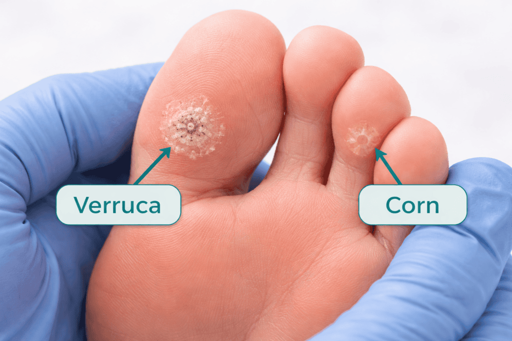 Verruca vs corn comparison on foot