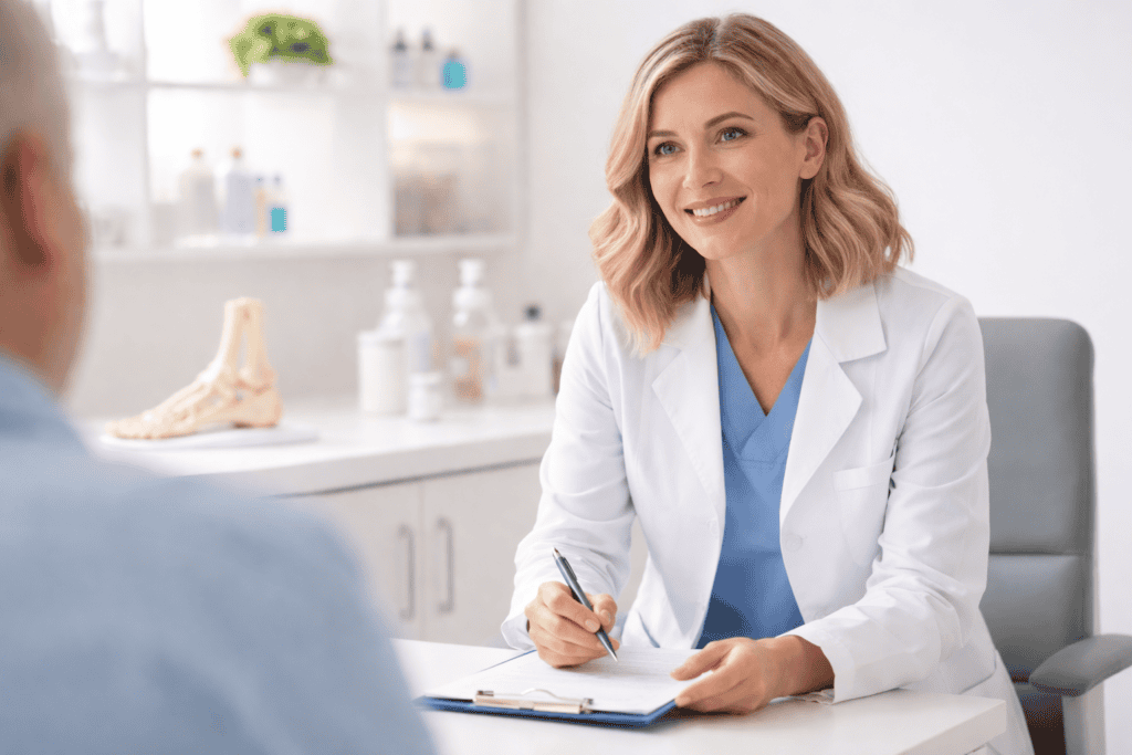Podiatrist consulting with a patient in a clinical setting