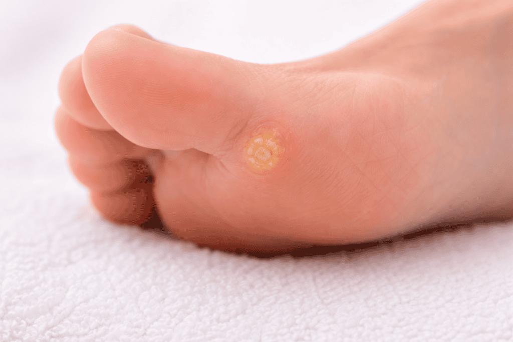Close-up of hardened skin on the side of a toe showing a corn