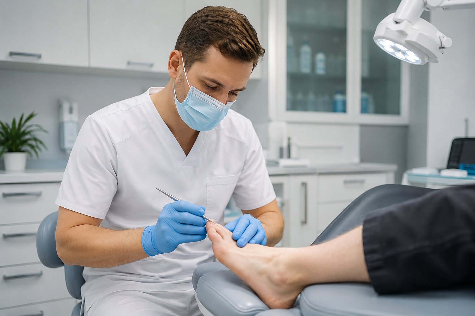 Podiatrist treating a patient toenail in a clinic